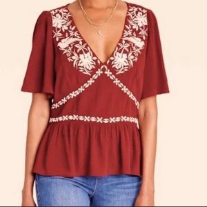 Knox Rose Maroon Embroidered V Neck Blouse Top Peplum Smocked Flowy Women’s Med